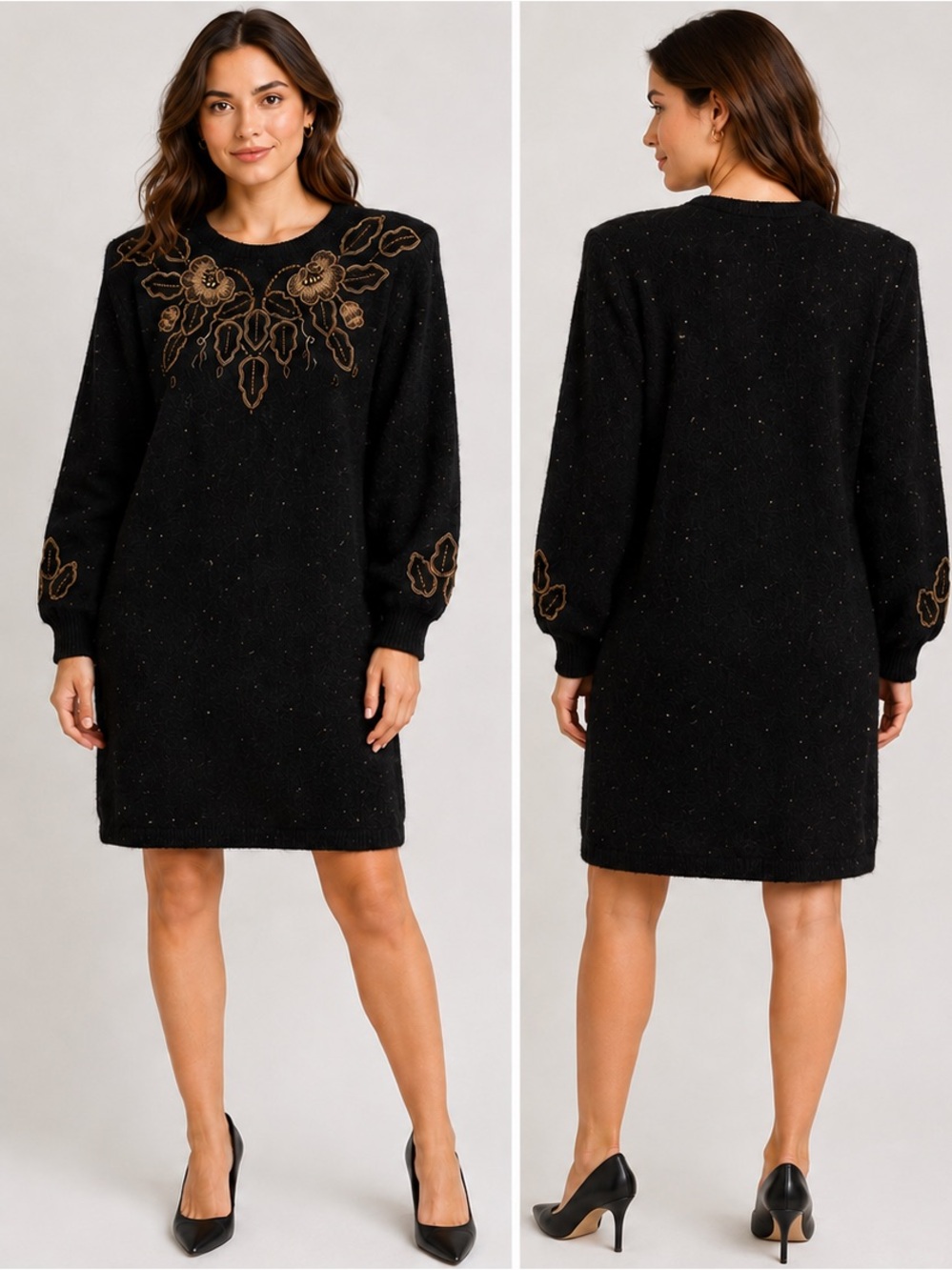 Vintage CeeGee by Sue Wong Angora Lambswool Beaded Black Sweater Dress Size M